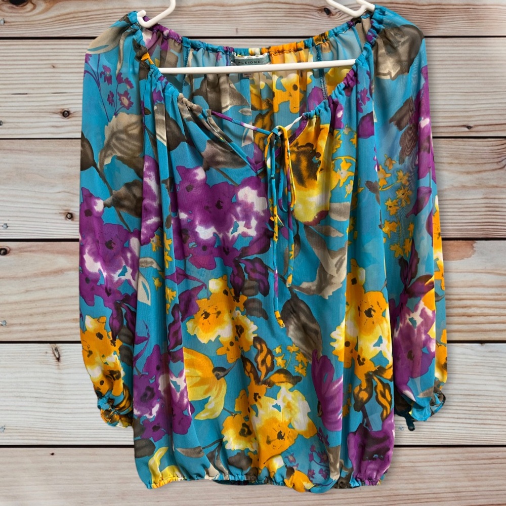 Pleione Floral Flower Blouse Top Blue Purple Nordstrom Women's Small - Picture 2 of 9